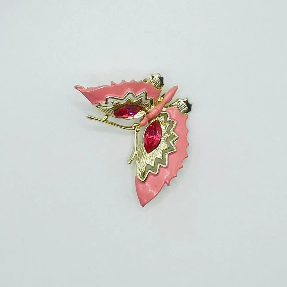 Vintage Pink Enamel Butterfly Brooch Pink Rhinestone 1.75